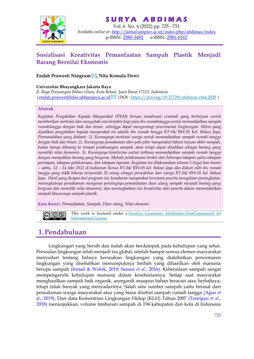 Pdf Sosialisasi Kreativitas Pemanfaatan Sampah Plastik Menjadi Barang Bernilai Ekonomis 1680