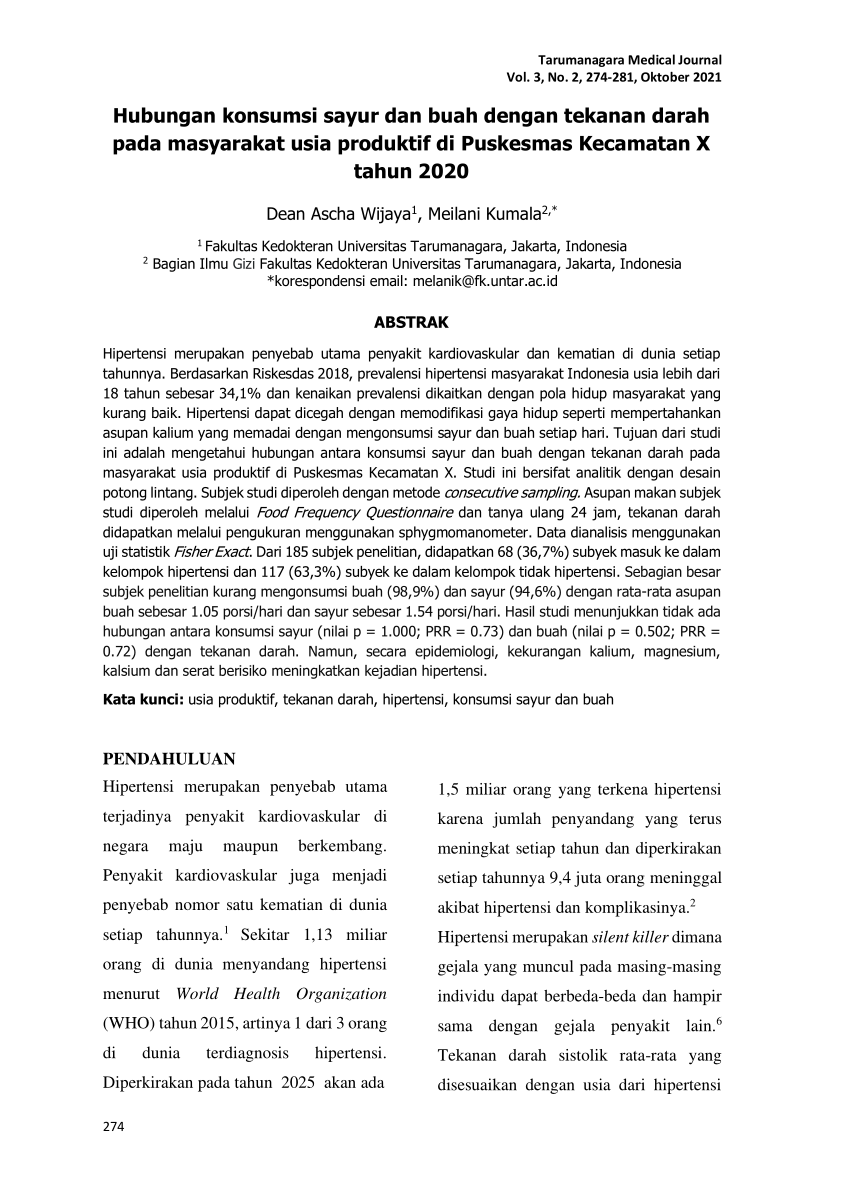 Pdf Hubungan Konsumsi Sayur Dan Buah Dengan Tekanan Darah Pada Masyarakat Usia Produktif Di 8050