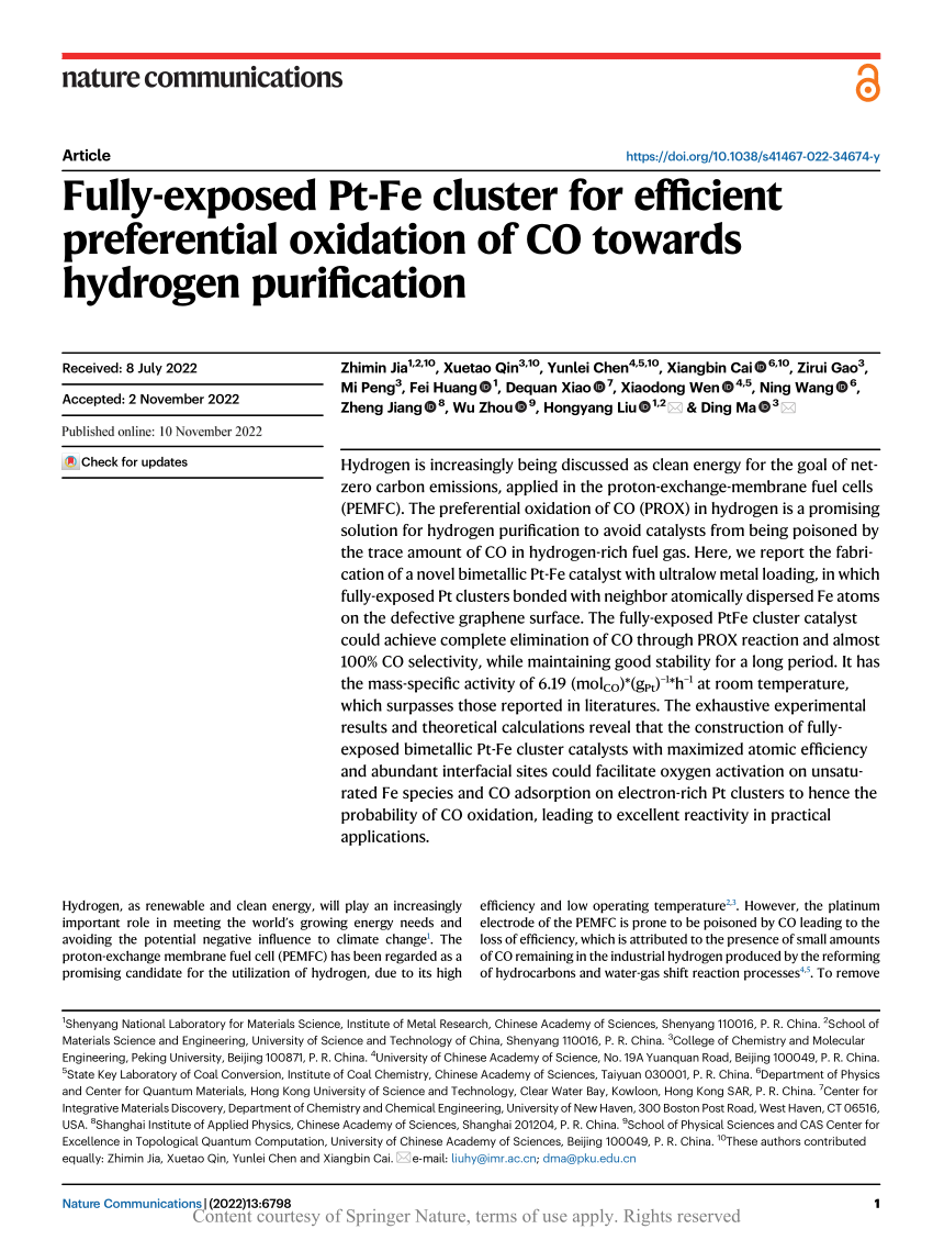 Fully-exposed Pt-Fe cluster for efficient preferential oxidation of CO  towards hydrogen purification