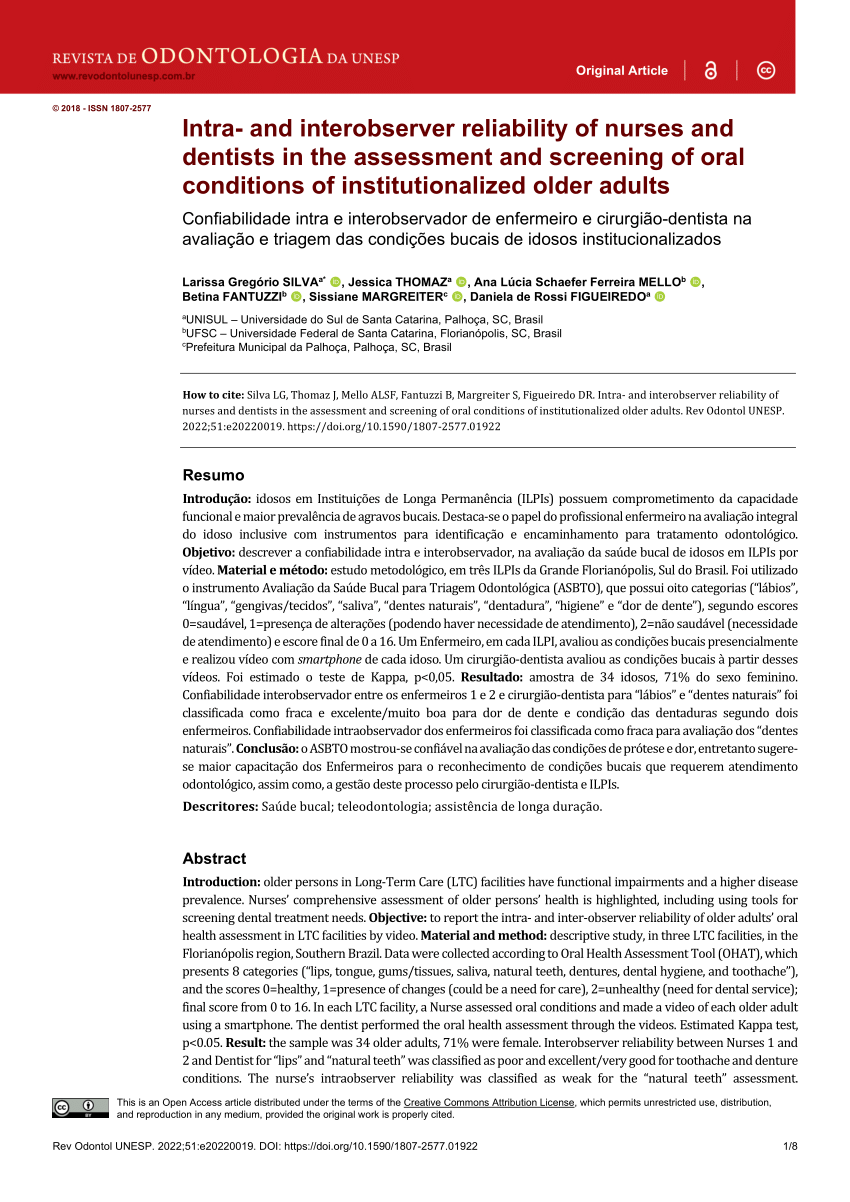 PDF Intra and interobserver reliability of nurses and dentists  