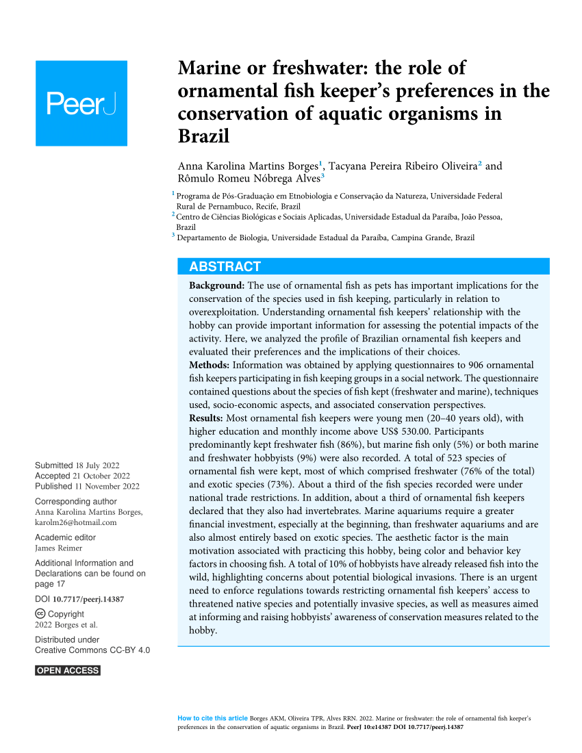 Marine or freshwater: the role of ornamental fish keeper's preferences in  the conservation of aquatic organisms in Brazil [PeerJ]