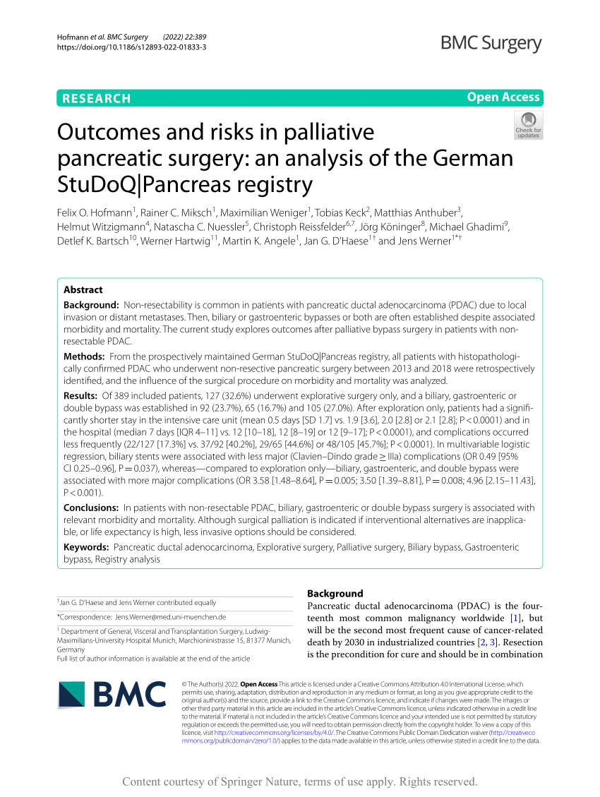 PDF Outcomes and risks in palliative pancreatic surgery an  