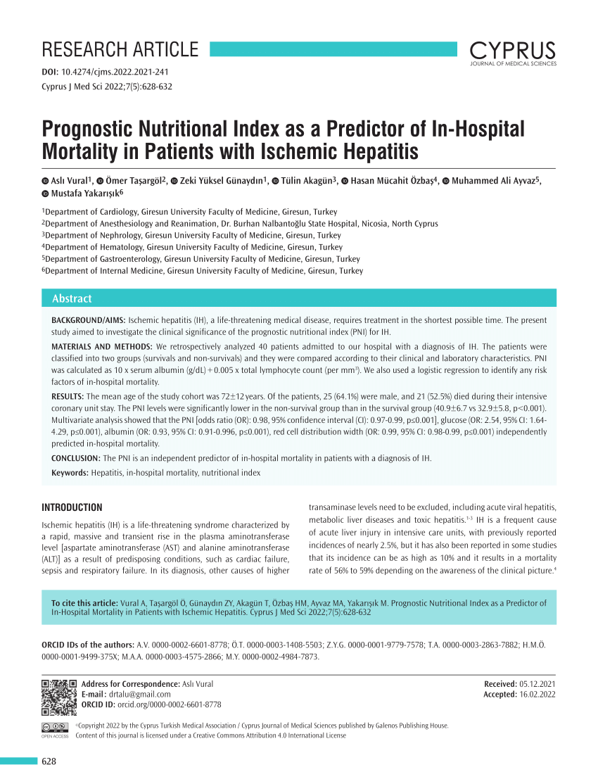 PDF Prognostic Nutritional Index as a Predictor of In Hospital  