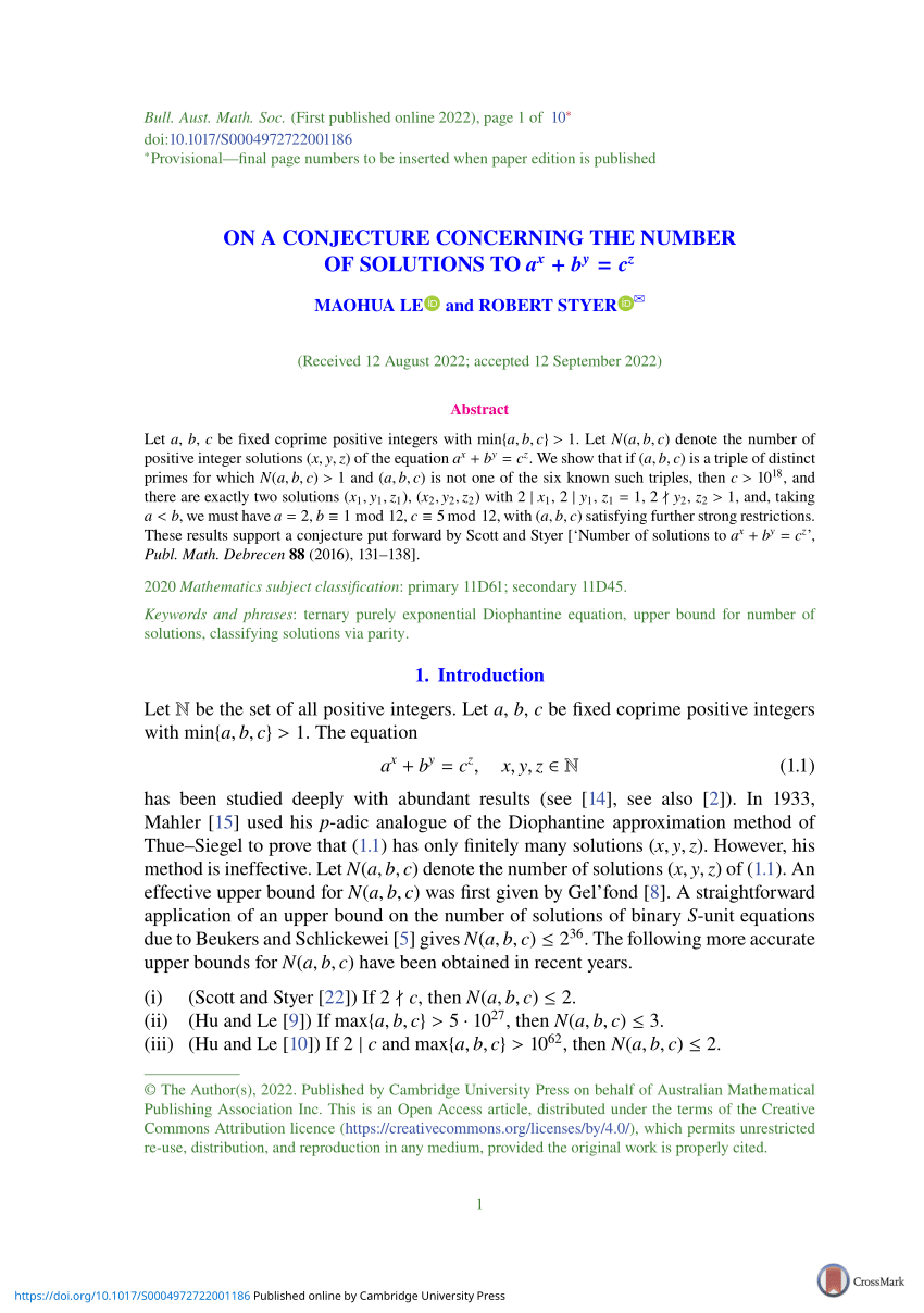 PDF) ON A CONJECTURE CONCERNING THE NUMBER OF SOLUTIONS TO