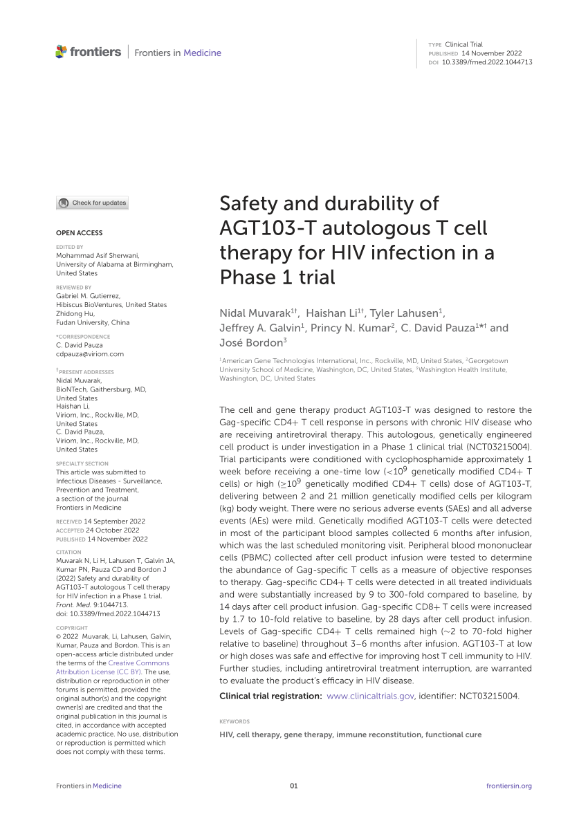 (PDF) Safety and durability of AGT103T autologous T cell therapy for