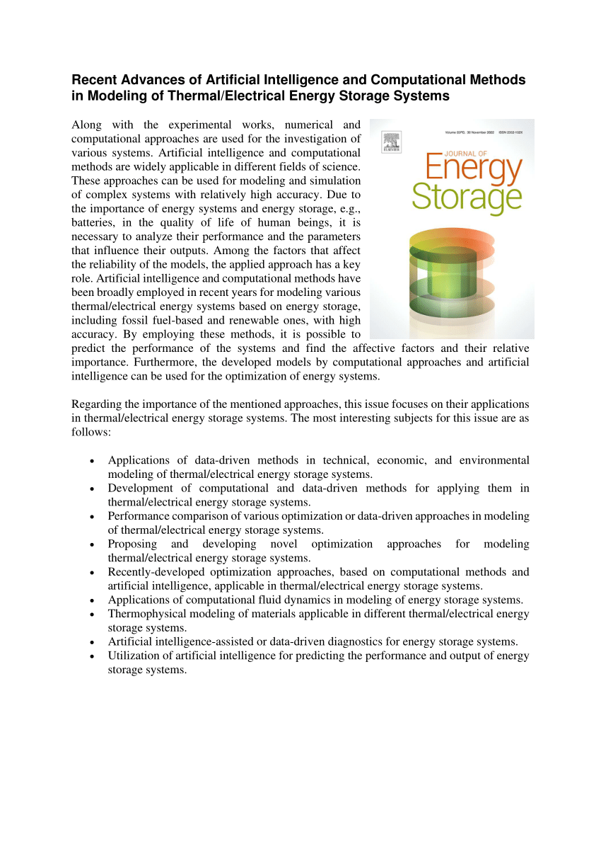 (PDF) Journal of Energy Storage Special issue "Recent Advances of