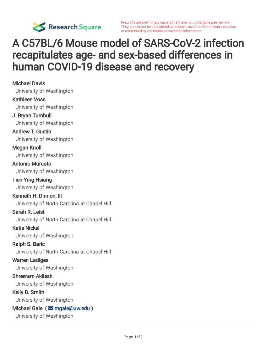 Pdf A C57bl6 Mouse Model Of Sars Cov 2 Infection Recapitulates Age And Sex Based Differences