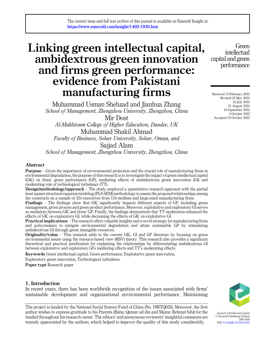PDF) Linking green intellectual capital, ambidextrous green innovation and  firms green performance: evidence from Pakistani manufacturing firms
