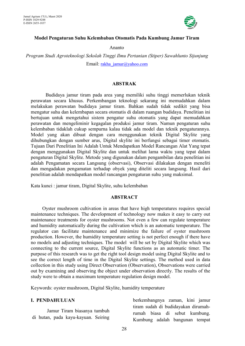 Pdf Model Pengaturan Suhu Kelembaban Otomatis Pada Kumbung Jamur Tiram