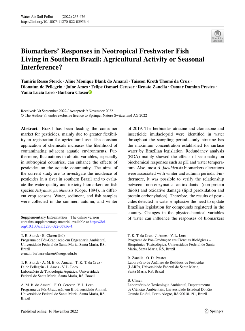 PDF) Biomarkers Responses in Neotropical Freshwater Fish Living in Southern Brazil Agricultural Activity or Seasonal Interference? photo