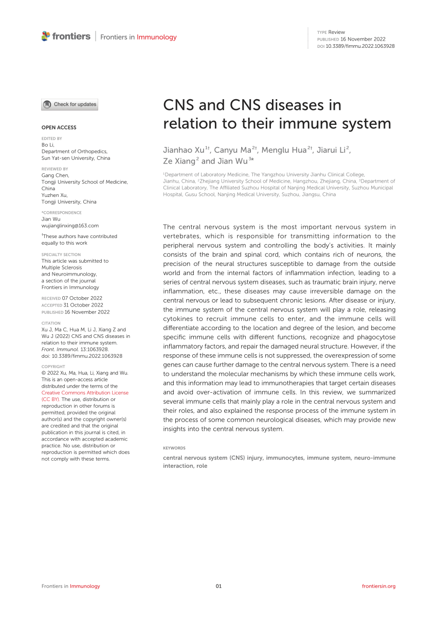 PDF) CNS and CNS diseases in relation to their immune system