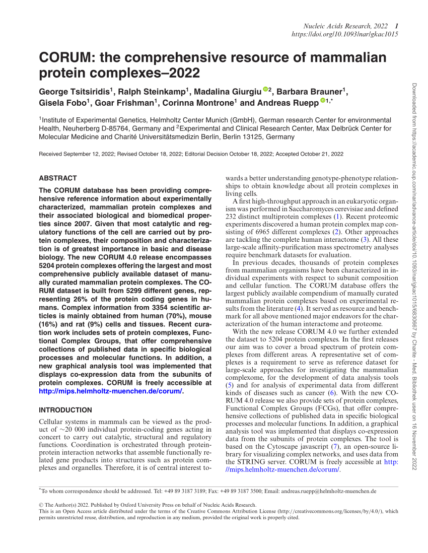 (PDF) CORUM: the comprehensive resource of mammalian protein complexes–2022