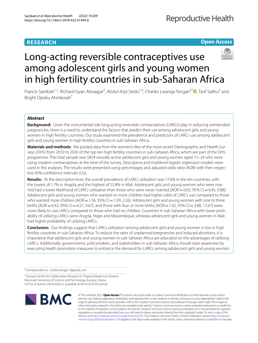 Pdf Long Acting Reversible Contraceptives Use Among Adolescent Girls And Young Women In High 2206