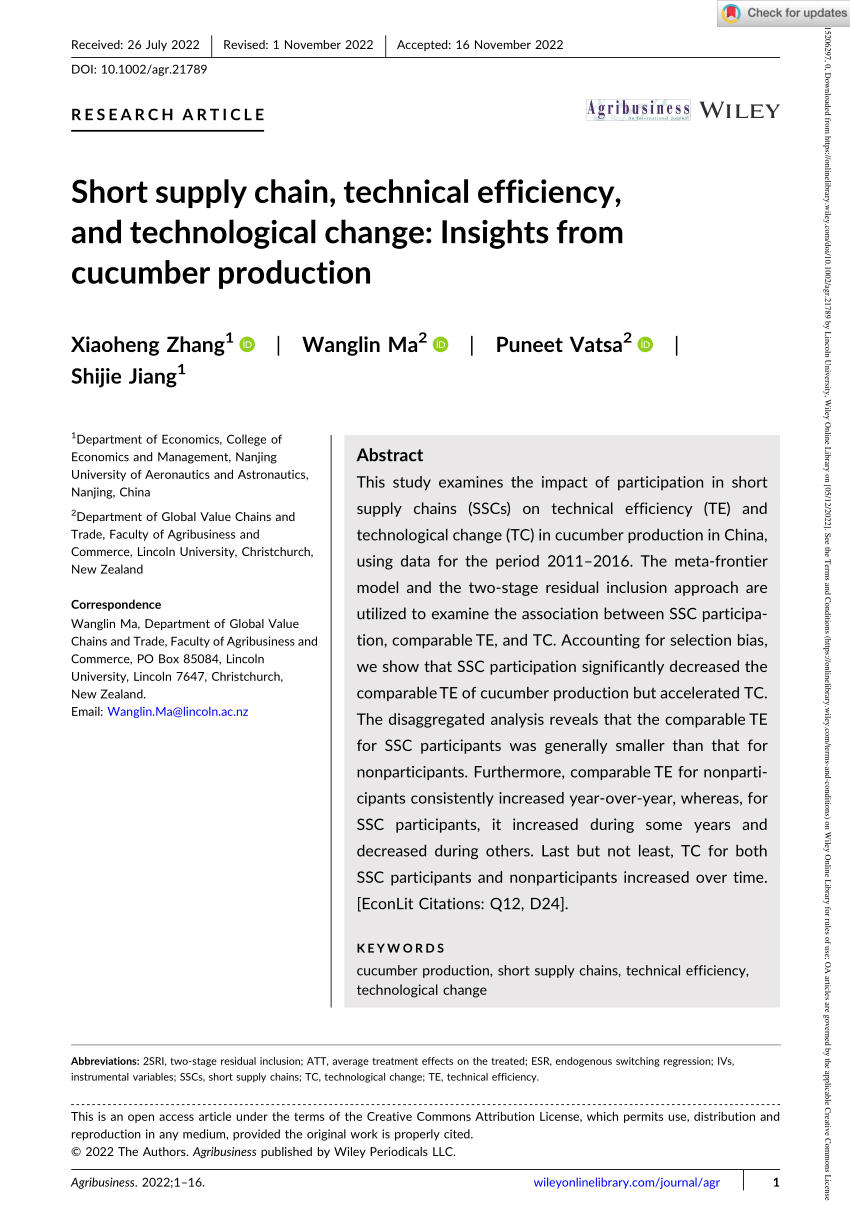 (PDF) Short supply chain, technical efficiency and technological change