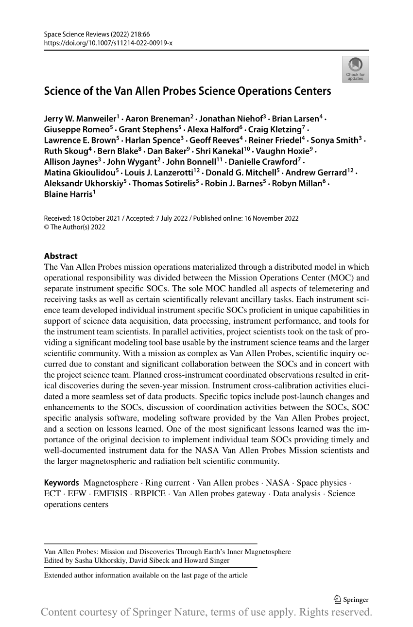 PDF) Science of the Van Allen Probes Science Operations Centers
