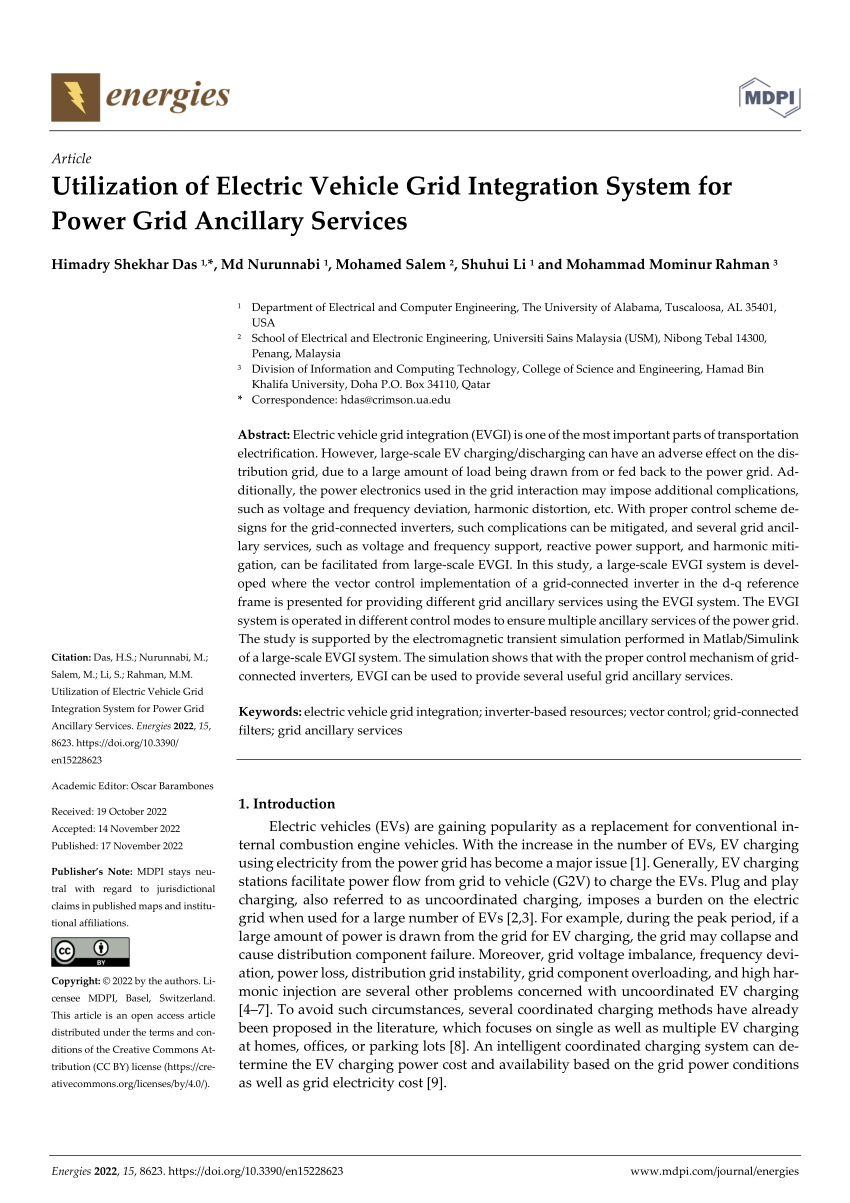 (PDF) Utilization of Electric Vehicle Grid Integration System for Power