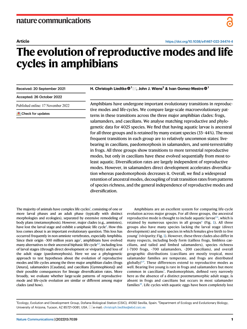 Pdf The Evolution Of Reproductive Modes And Life Cycles In Amphibians 