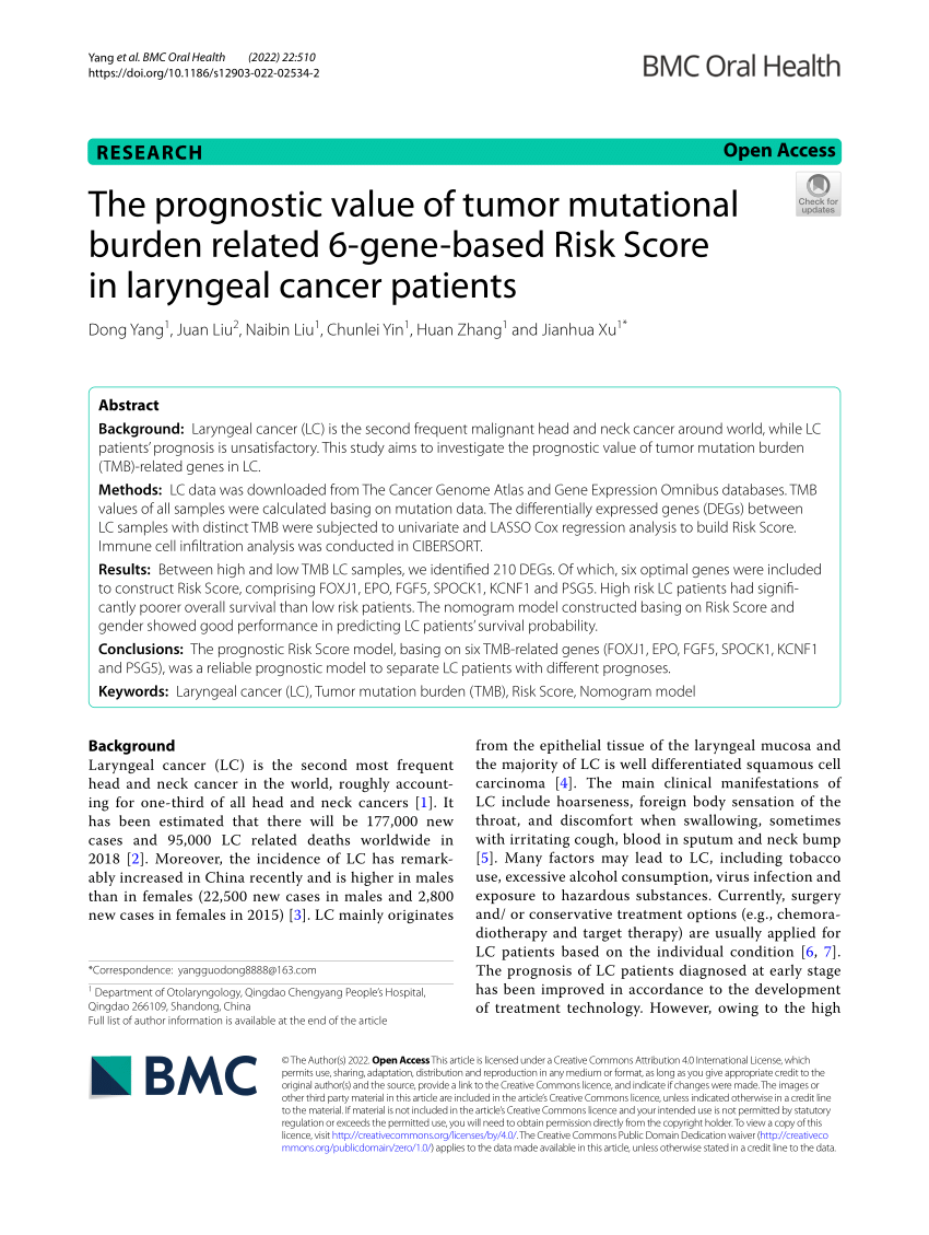 Pdf The Prognostic Value Of Tumor Mutational Burden Related 6 Gene Based Risk Score In