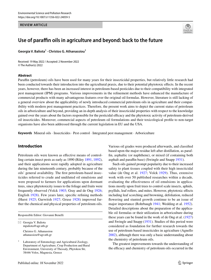 PDF) Use of paraffin oils in agriculture and beyond: back to the future