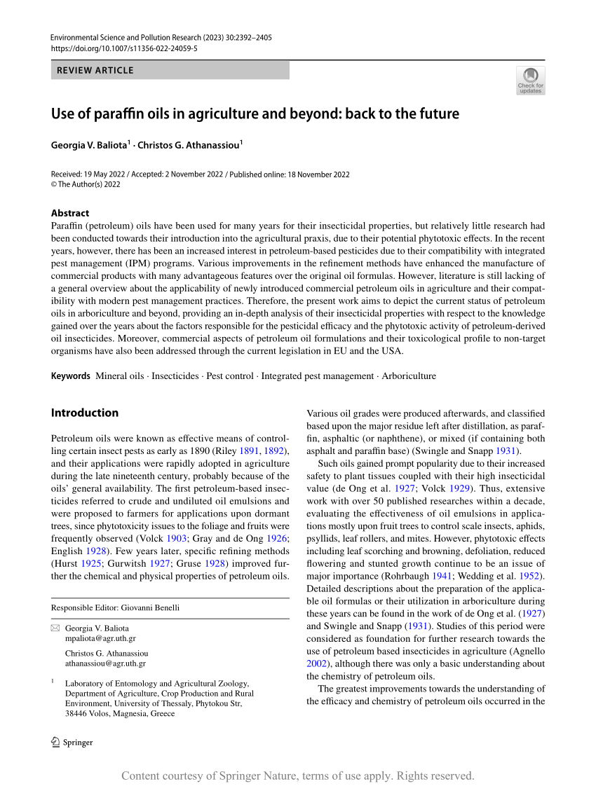 PDF) Use of paraffin oils in agriculture and beyond: back to the