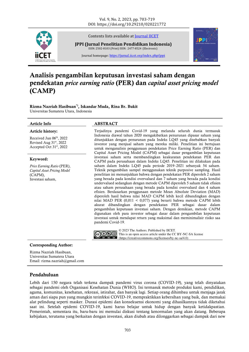 Pdf Analisis Pengambilan Keputusan Investasi Saham Dengan Pendekatan Price Earning Ratio Per 8008