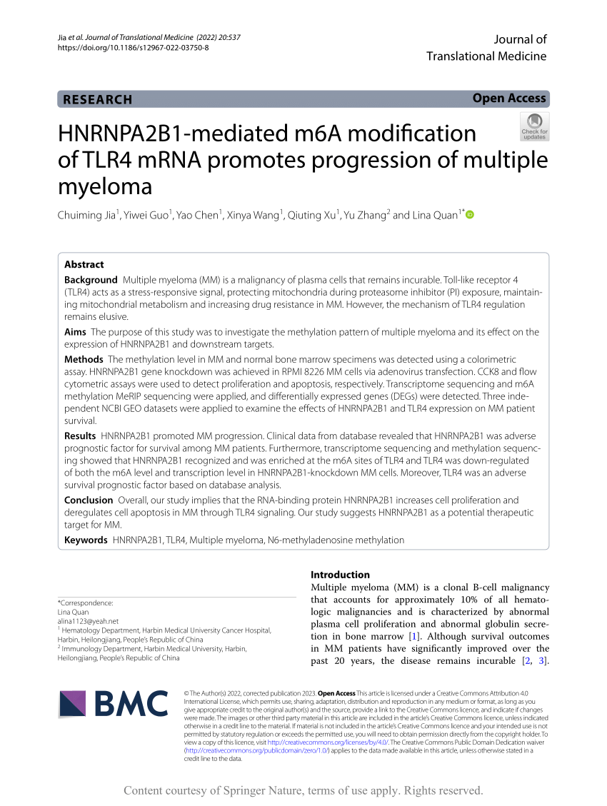 PDF) HNRNPA2B1-mediated m6A modification of TLR4 mRNA promotes 