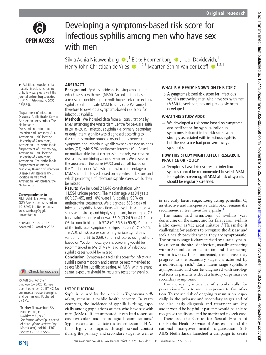 Pdf Developing A Symptoms Based Risk Score For Infectious Syphilis Among Men Who Have Sex With Men 