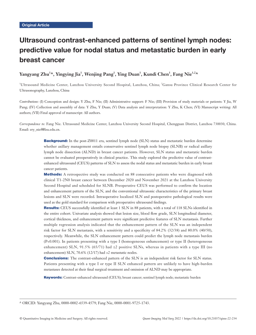 Pdf Ultrasound Contrast Enhanced Patterns Of Sentinel Lymph Nodes Predictive Value For Nodal 