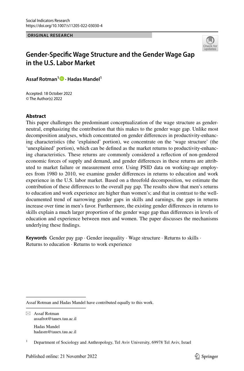 Pdf Gender Specific Wage Structure And The Gender Wage Gap In The U S