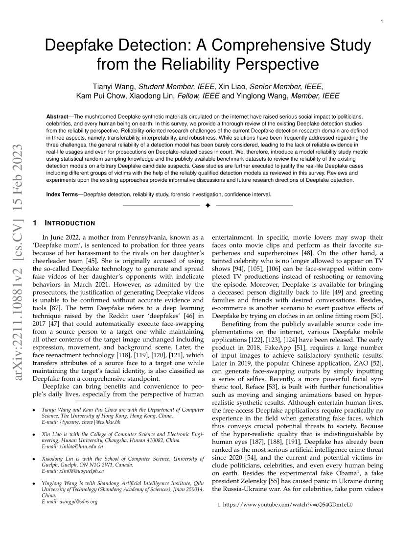 PDF) Deepfake Detection: A Comprehensive Study from the Reliability  Perspective