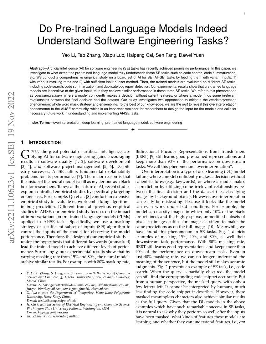 Pdf Do Pre Trained Language Models Indeed Understand Software Engineering Tasks