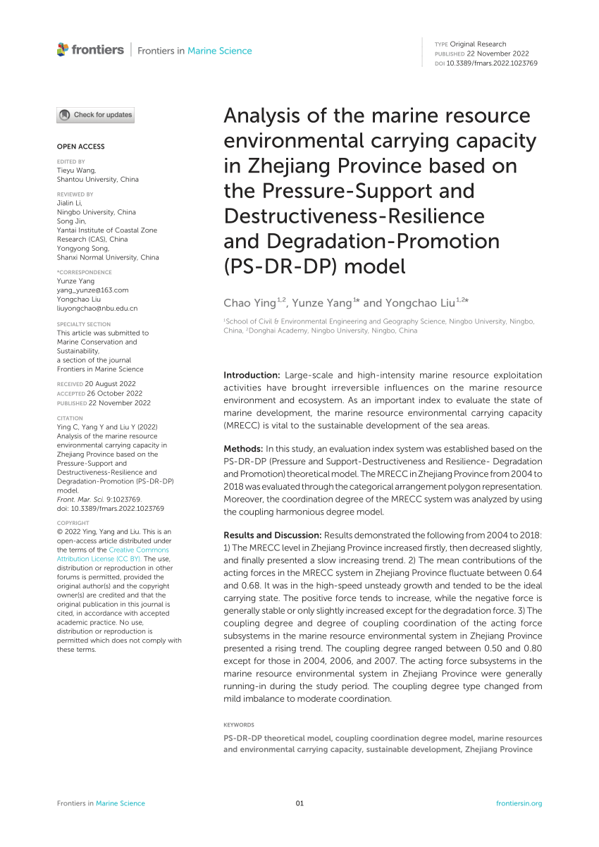 PDF) Analysis of the marine resource environmental carrying capacity in  Zhejiang Province based on the Pressure-Support and  Destructiveness-Resilience and Degradation-Promotion (PS-DR-DP) model