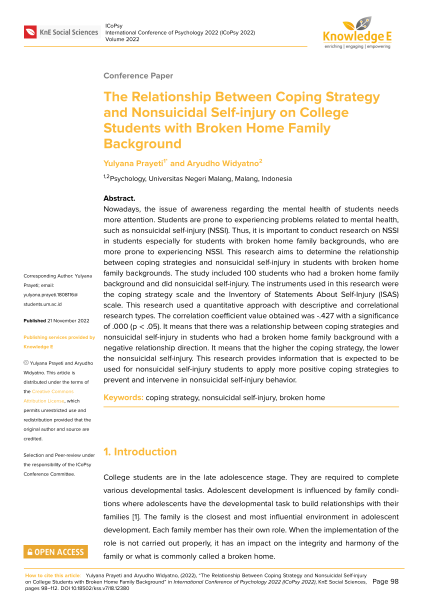 PDF) The Relationship Between Coping Strategy and Nonsuicidal Self-injury  on College Students with Broken Home Family Background