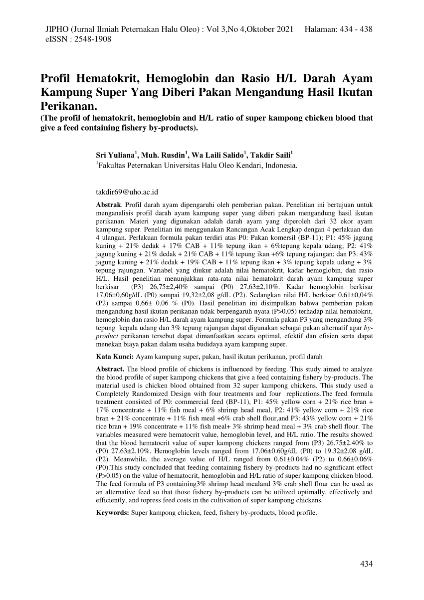 Pdf Profil Hematokrit Hemoglobin Dan Rasio H L Darah Ayam Kampung