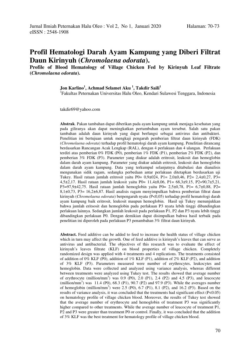 Pdf Profil Hematologi Darah Ayam Kampung Yang Diberi Filtrat Daun