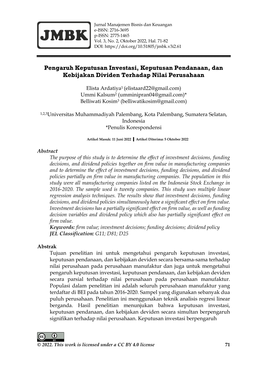 Pdf Pengaruh Keputusan Investasi Keputusan Pendanaan Dan Kebijakan Dividen Terhadap Nilai 0328