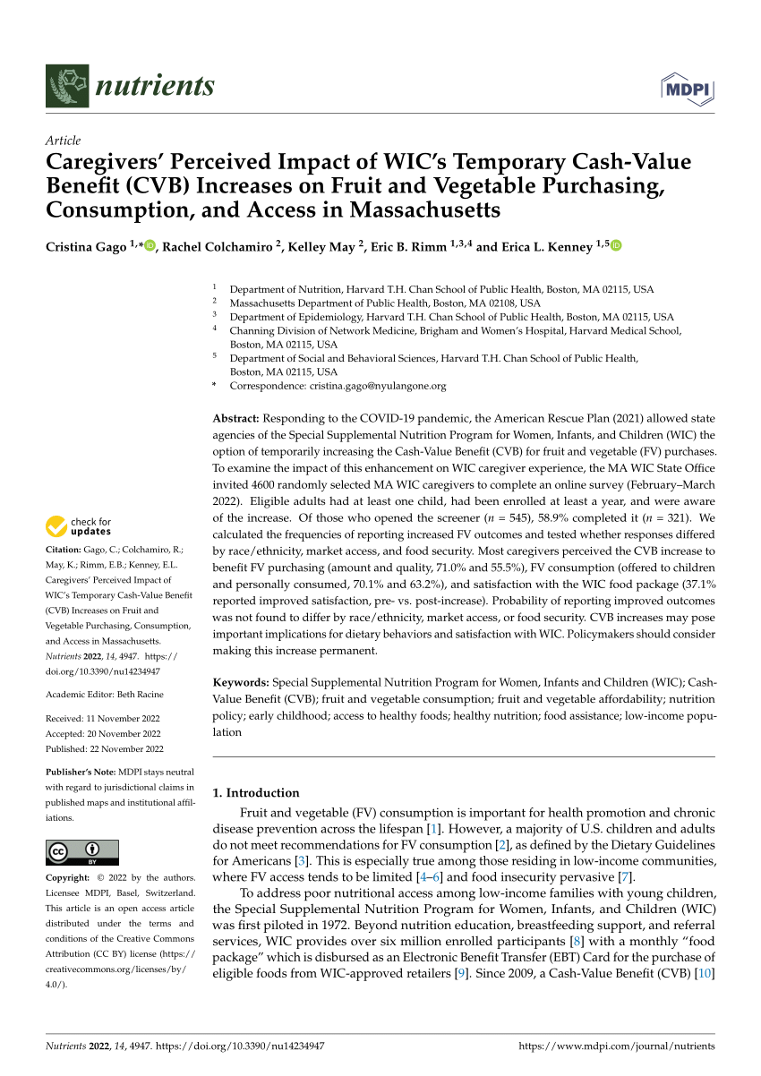 Pdf Caregivers Perceived Impact Of Wics Temporary Cash Value Benefit Cvb Increases On 9904