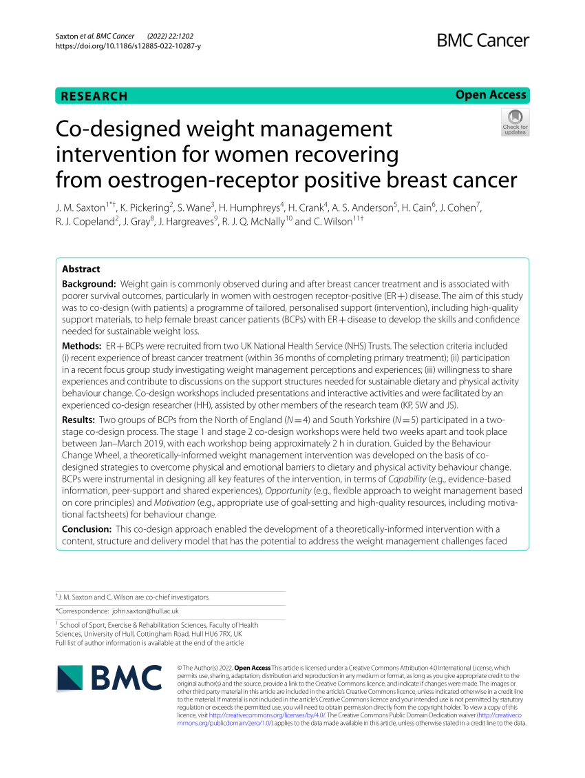 PDF) Co-designed weight management intervention for women recovering from  oestrogen-receptor positive breast cancer