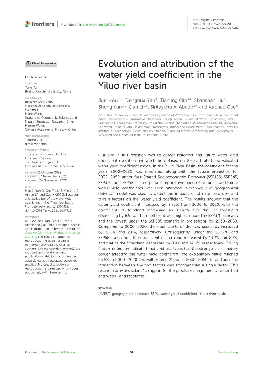 Pdf Evolution And Attribution Of The Water Yield Coefficient In The Yiluo River Basin 7341