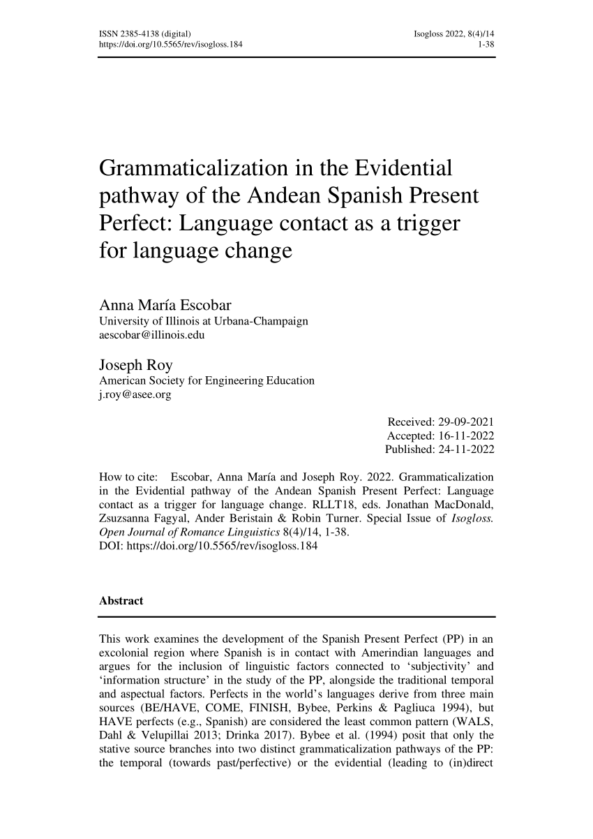 PDF) Grammaticalization in the Evidential pathway of the Andean