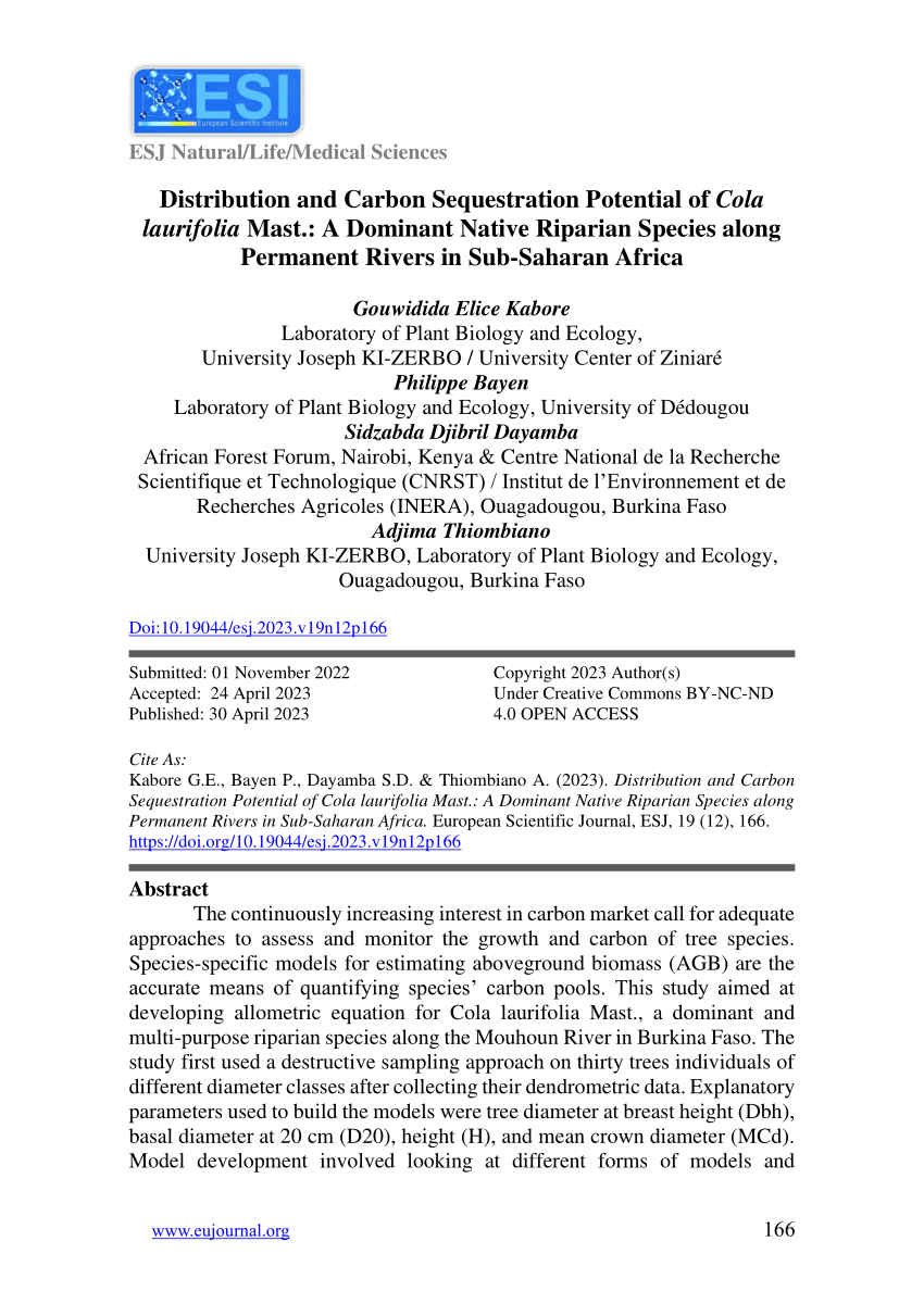 PDF) Distribution and Carbon Sequestration Potential of Cola Laurifolia  Mast.: A Dominant Native Riparian Species Along Permanent Rivers in  Sub-Saharan Africa