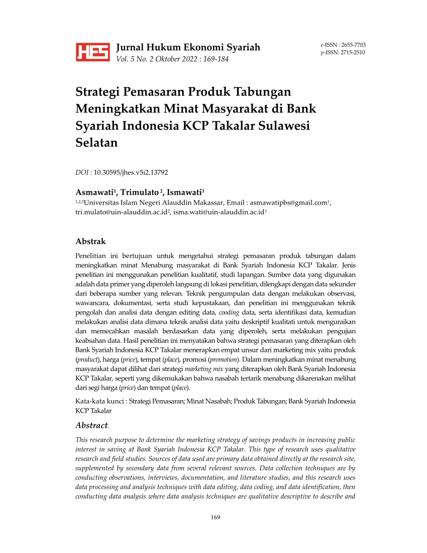 Pdf Strategi Pemasaran Produk Tabungan Meningkatkan Minat Masyarakat Di Bank Syariah Indonesia 9218