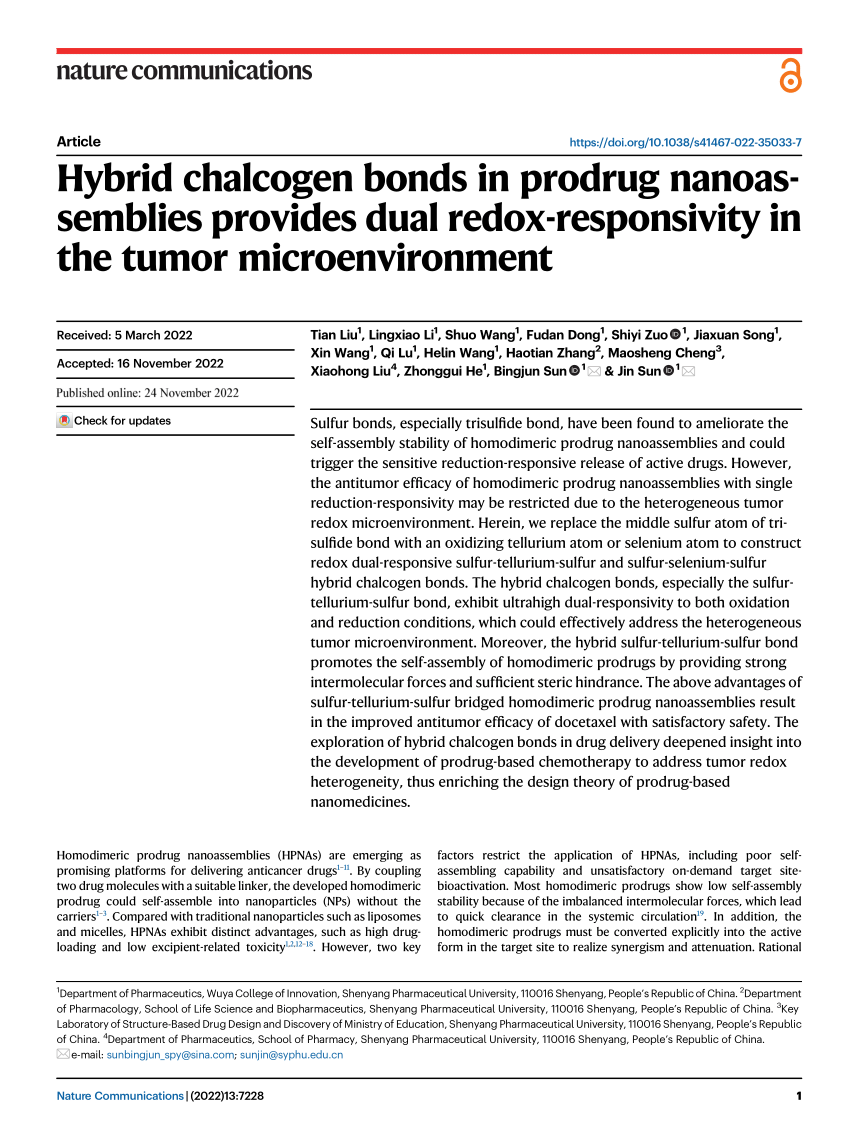 PDF) Hybrid chalcogen bonds in prodrug nanoassemblies provides