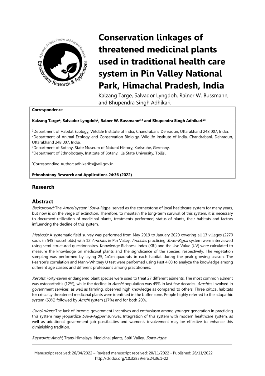 PDF Conservation linkages of threatened medicinal plants used in  