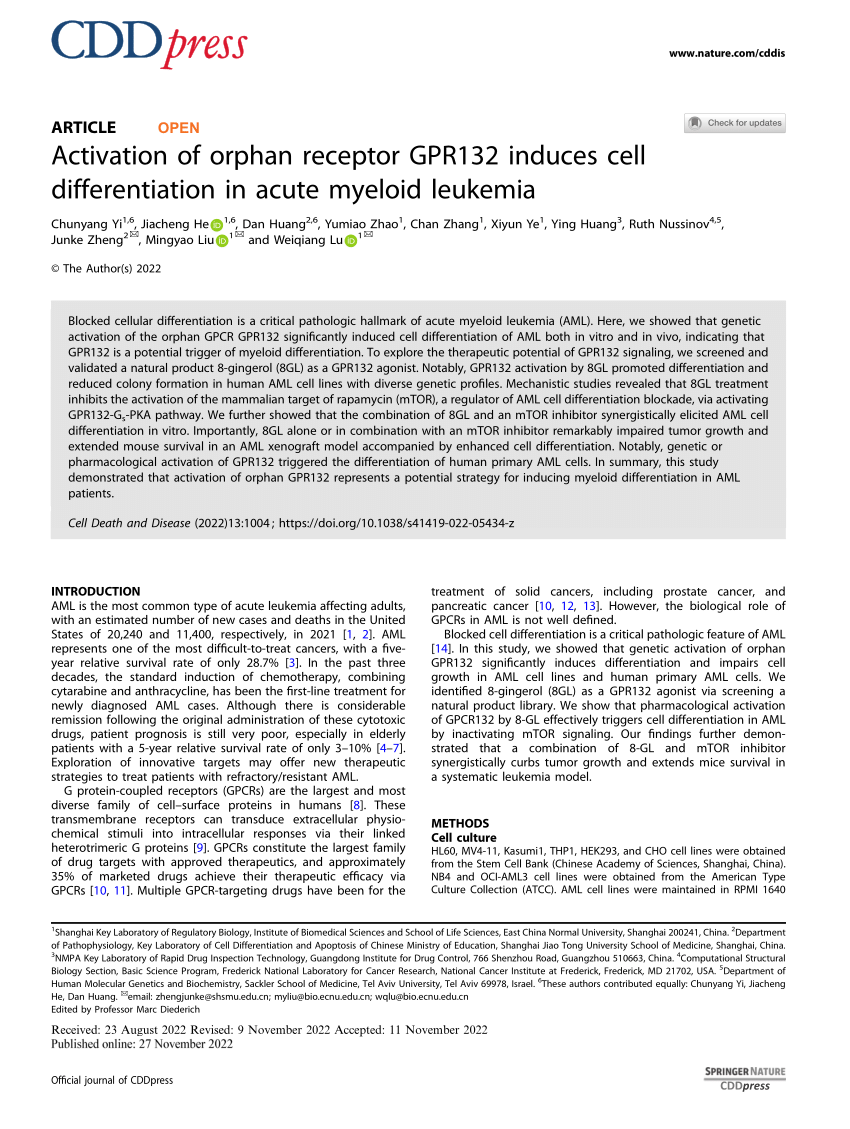 Pdf Activation Of Orphan Receptor Gpr132 Induces Cell Differentiation In Acute Myeloid Leukemia 9527