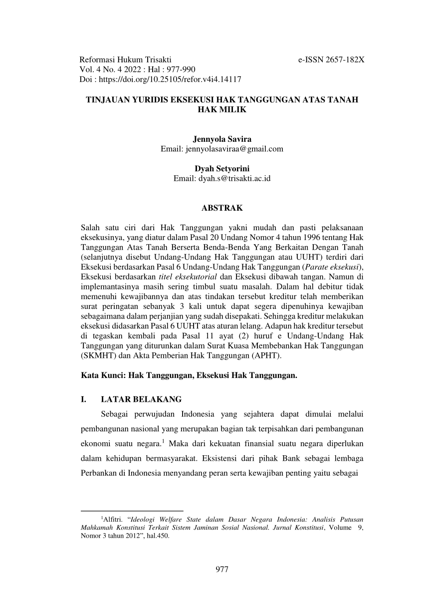 Pdf Tinjauan Yuridis Eksekusi Hak Tanggungan Atas Tanah Hak Milik
