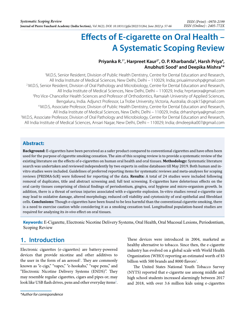 PDF Effects of E cigarette on Oral Health A Systematic Scoping