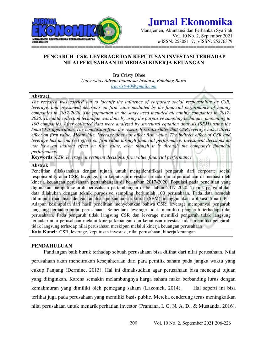 Pdf Pengaruh Csr Leverage Dan Keputusan Investasi Terhadap Nilai Perusahaan Di Mediasi 3247