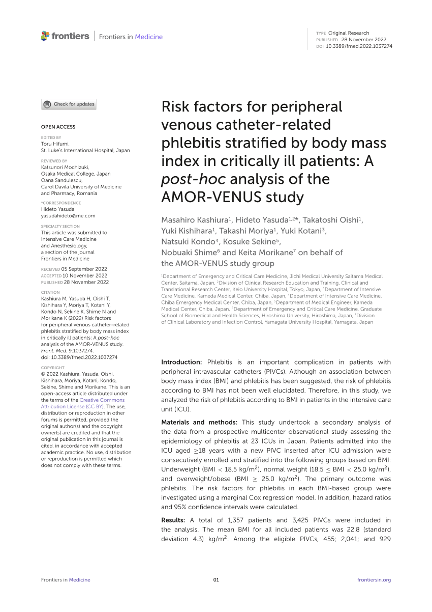 PDF) Risk factors for peripheral venous catheter-related phlebitis  stratified by body mass index in critically ill patients: A post-hoc  analysis of the AMOR-VENUS study