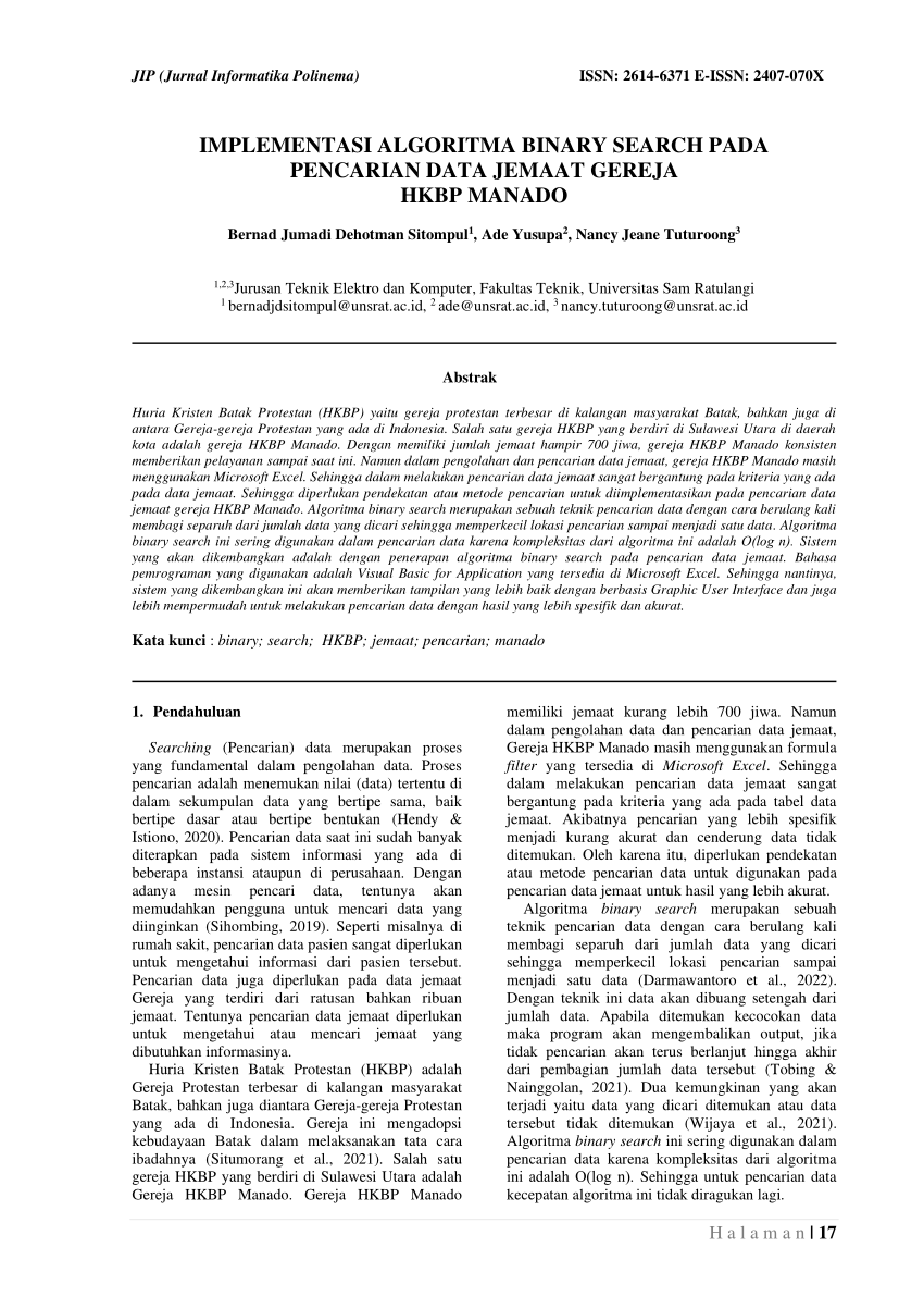 PDF Implementasi Algoritma Binary Search Pada Pencarian Data Jemaat